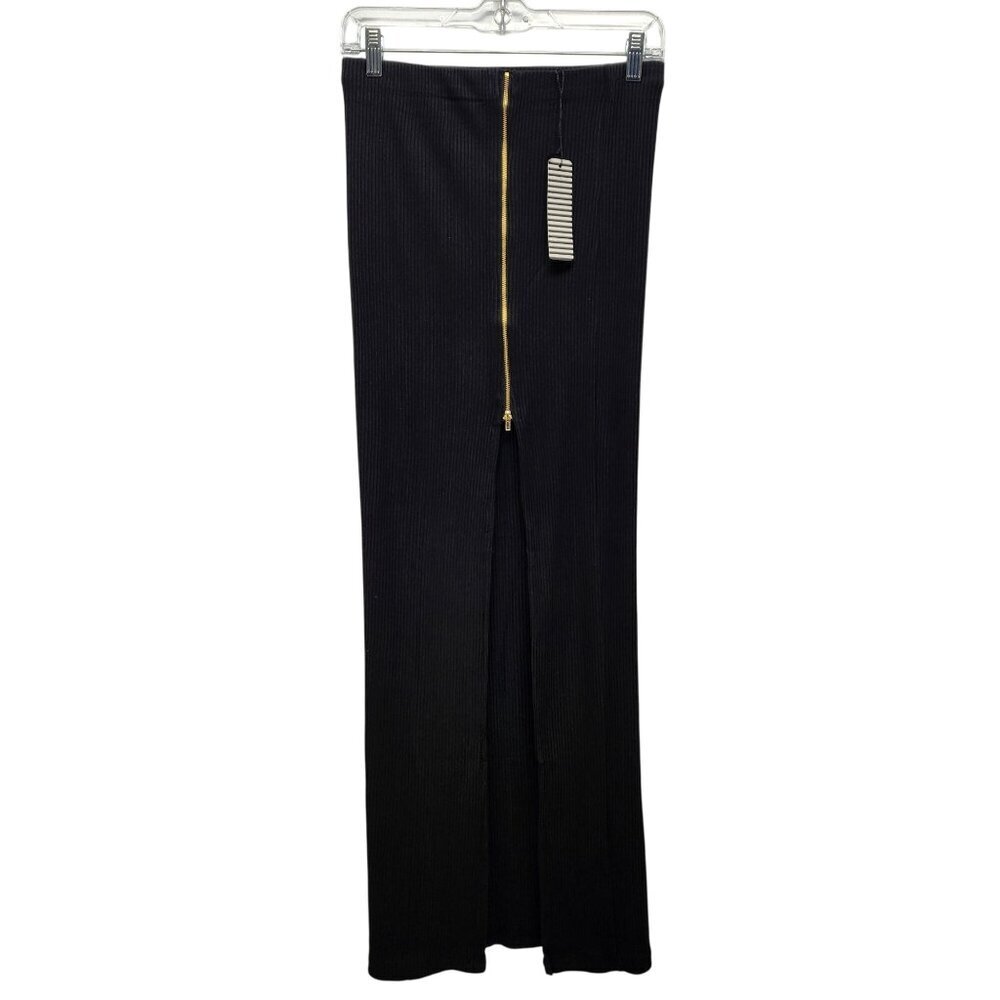 Haute Monde Black Ribbed Midi Skirt Front  Zipper Detail Adjustable Slit Size M